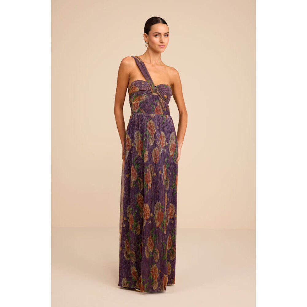 Lulus Maribella Dark Purple Floral Lurex Pleated Maxi Dress - Size XS
